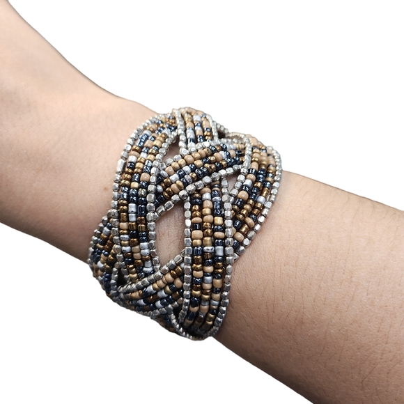 Women Bracelet Brown/Black Beads Wrist Band Fashion Wide Bracelet Jewelry - Picture 2 of 2